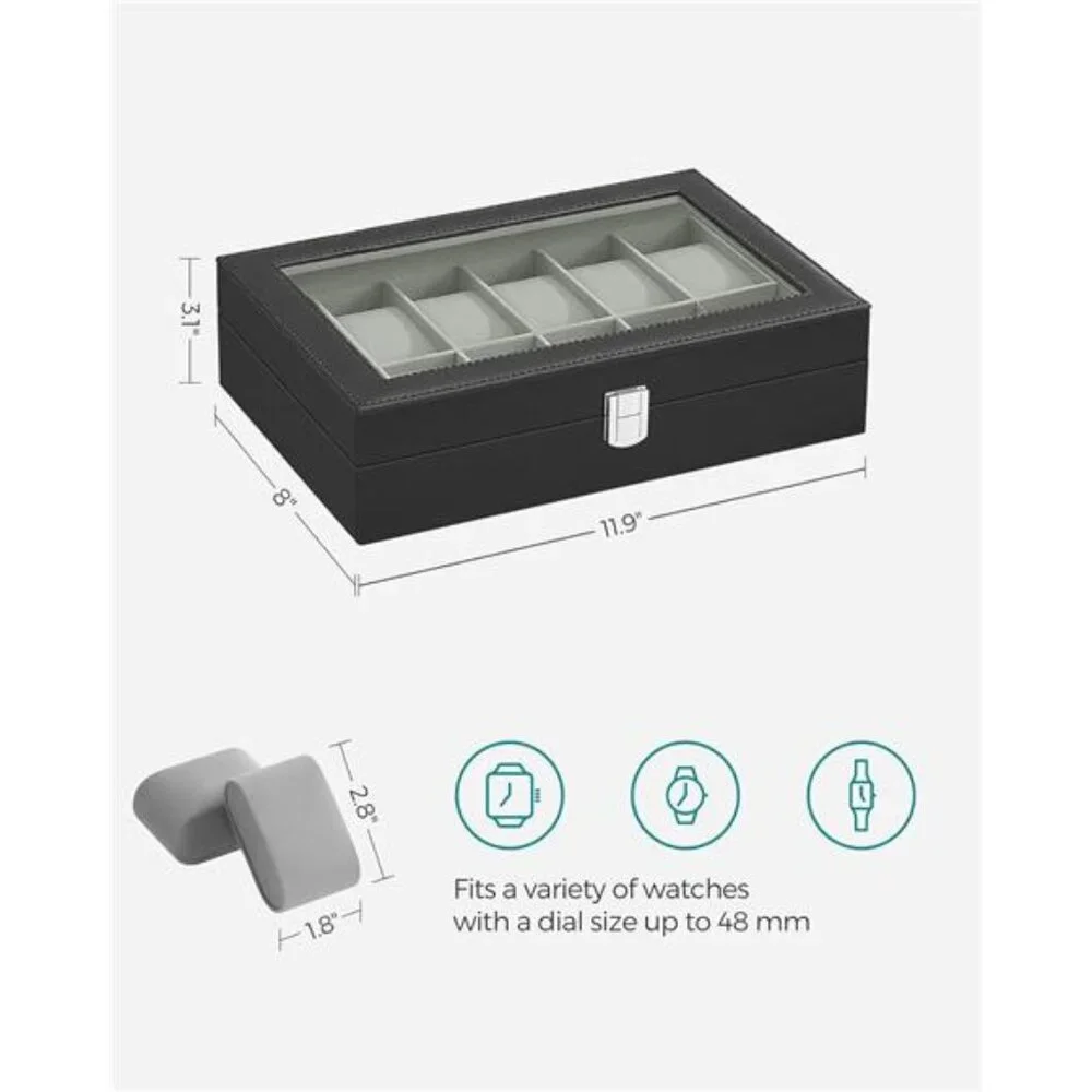 Watch Box, 12-Slot Watch Case Organizer with Large Glass Lid, Removable Pillows